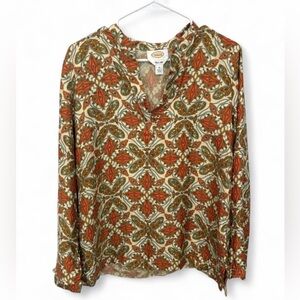 Women's Talbots Pure Silk Geometric Paisley Tunic Blouse Size 12 V Neck Elegant